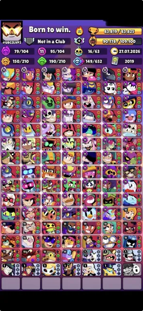Top acc ✅94 11 strength 78 hypers, old skins bought bp+, trophies 83000, brawlers 104, primes 35