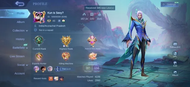 Collector natalia💥seal of anvel recall💥epic zilong💥clint💥gara vale💥lunox💥khufra💥luo yi💥emblem, Продажа, Ранг: Эпик, Уровень: 46, Процент побед: 53%, Герои: 97, Облики: 157