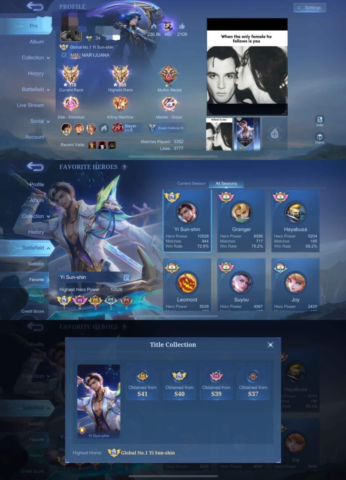🔥 669 stars in Prime, Global 1 YSS, Good win rate, Sale, Rank: Mythical Immortal, Level: 36, Winrate: 68%, Heroes: 115, Skins: 140