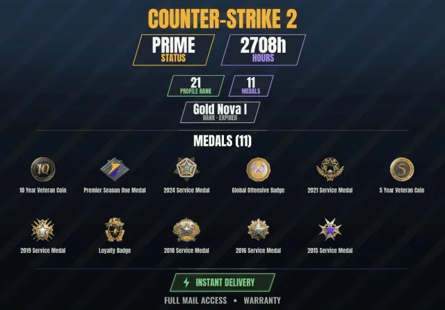 【CS2 Prime🎯2700h👑11 medals】 Veteran coin 10 years, Service medal 2015, Service medal 2016, Sale, With inventory, Has PRIME