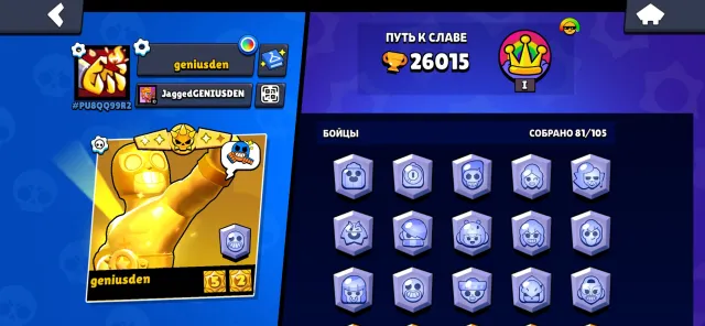 ACCOUNT 2019-2020, 81/105 CHARACTERS, 182 GEMS, 1 FULL BP, 26015 CUPS, 81 BRAWLERS