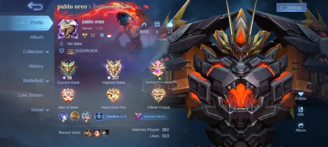 107 ⭐ Elite smurf account! 7 collab skins, Less than 1000 matches, Sale, Rank: Mythical Immortal, Level: 32, Win rate: 78%, Heroes: 60, Skins: 182