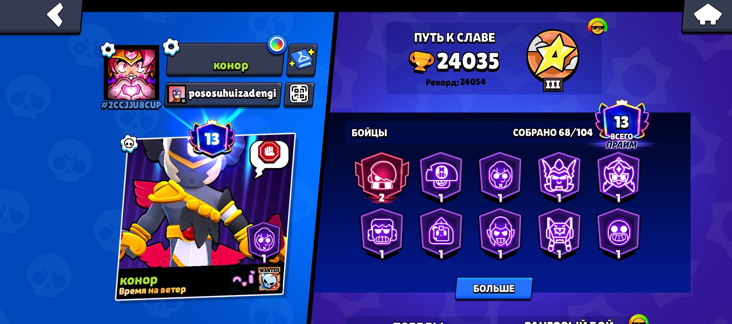 support for 8 cards from 8 lakhs garant + things with types, trophies 24035, brawlers 68, primes 13