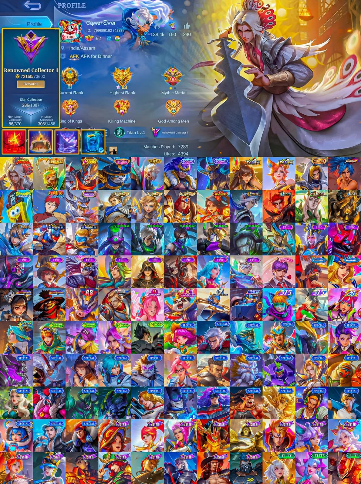 KungFu Ling Lord Shen, Prime Granger, Luckybox Akai, Meowkin, Zodiac, 91 Core, Global 🔥, Sale, Rank: Mythic, Level: 122, Winrate: 51%, Heroes: 133, Skins: 292