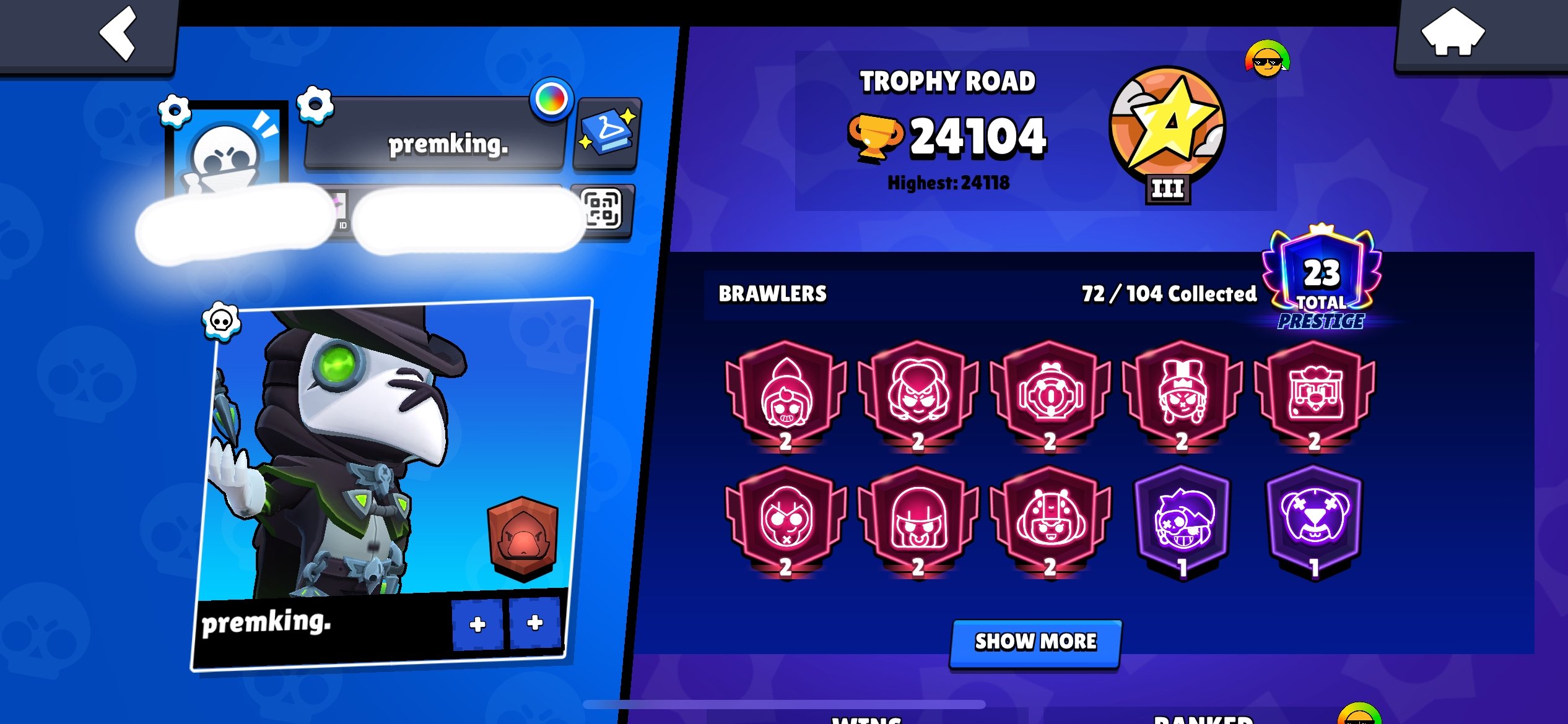 🥇Top account for the base🥇 8 second primes, 24000 cups, expensive skins, trophies 24100, brawlers 72