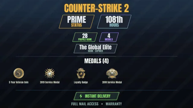 【CS2 Prime🎮1000h💠4 medals】 Service Medal 2018, Service Medal 2019, Loyalty Badge, Coin, Sale, With inventory, Has PRIME