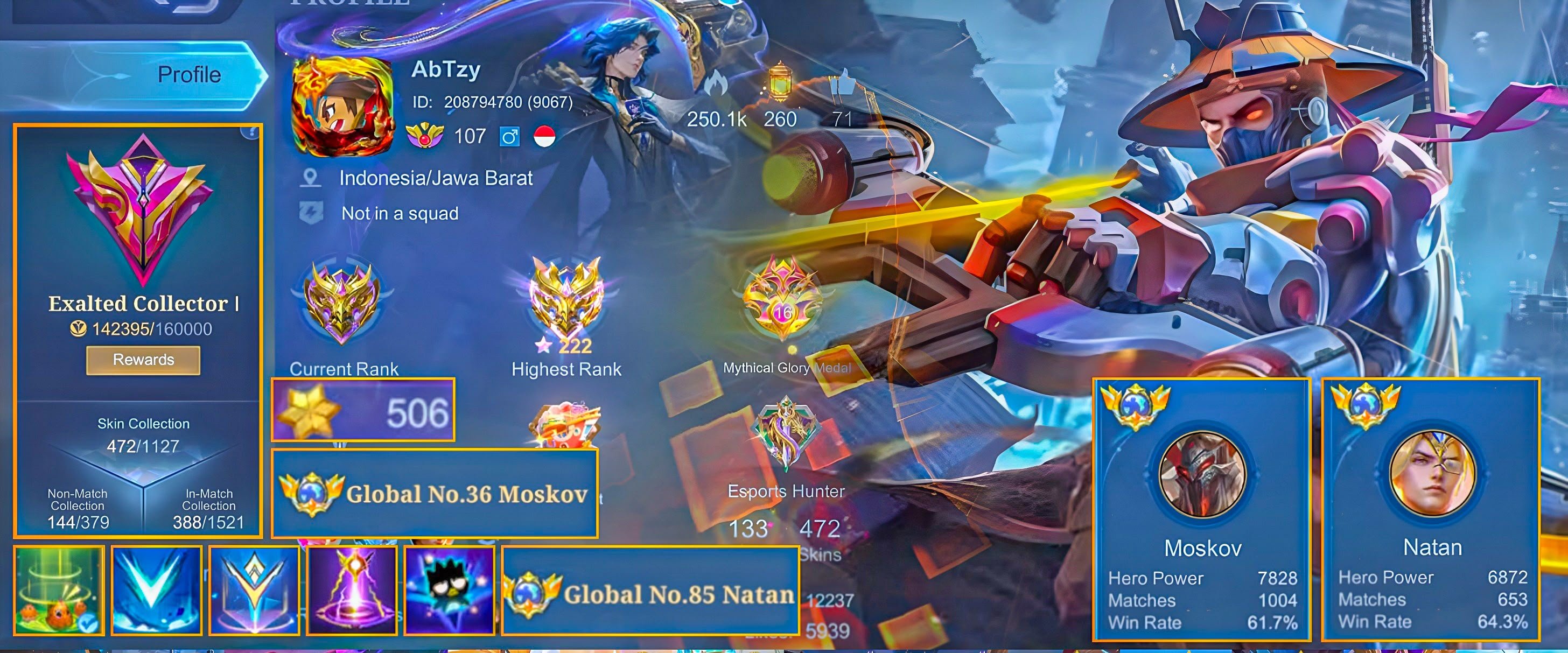 200 IMORTAL MOSKOV NATAN GLOBAL TAG BEATRIX PRIME GRANGER PRIME CHOU KOF GORD LEGEND, Sale, Rank: Mythical Immortal, Level: 107, Winrate: 60%, Heroes: 133, Skins: 472
