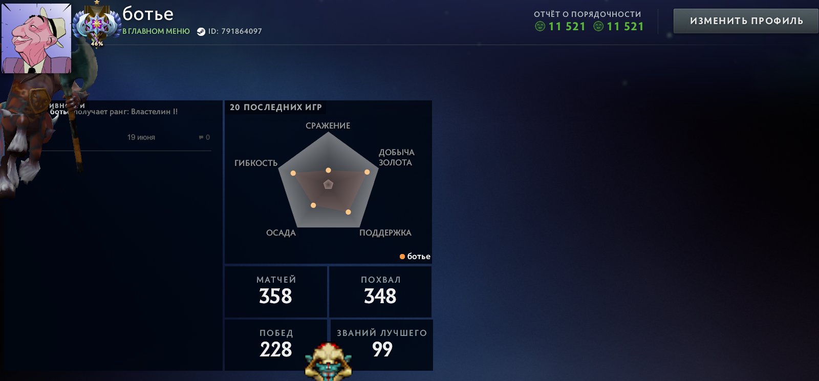 Vlastelin 1 11521 bh 4k, Sale, 3921 MMR, 11521 Behavior score, 11521 вежливости, 358 games, 362 hours