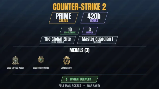 【1 game】【CS2 Prime✨420h🏆3 medals】 Service Medal 2020, Service Medal 2022, Loyalty Badge, For Sale, With inventory, Has PRIME