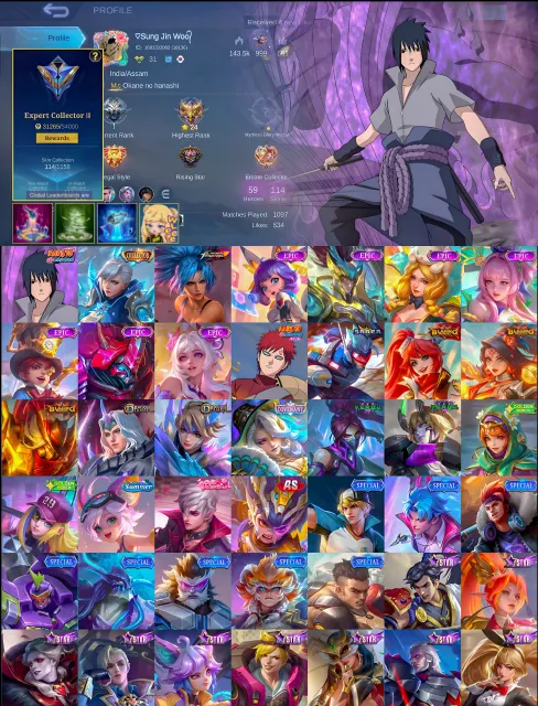 🌹Sasuke/Naruto suyo/Coll Sylvana🌹, Sale, Rank: Mythical, Level: 120, Win Rate: 50%, Heroes: 60, Skins: 120
