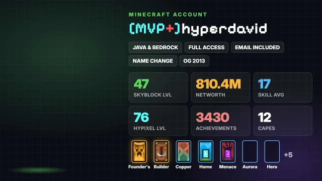 👑 [MVP+] 📅 OG 2013 🌱 SkyBlock 47 lvl 💰 810.4M Networth 🦸 Cloaks (12) ✅ Java & Bedrock & full access, Sale, All account data