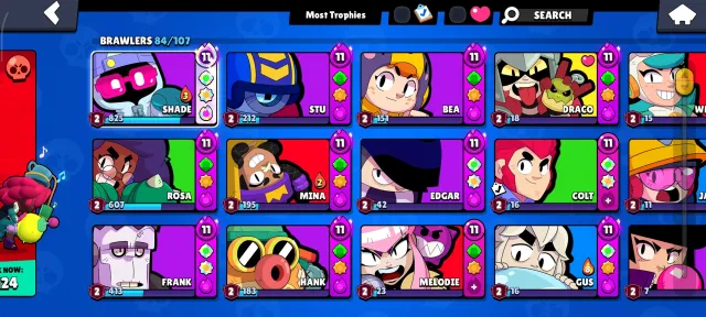 🔥56K🏆84/107👑22-11X🤖Shade(2825)💥❄️Rosa(2600)🎮2025G💥31 Buffs, 56575 trophies, 84 brawlers, 42 primes