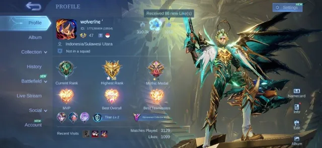 Kof Karina⚡Prime Granger✨Lucky Jhonson💎M7 Granger🌟Gara Vale💫Epic Clint💥Roger🌙Emblem Max, Продажа, Ранг: Эпик, Уровень: 47, Процент побед: 46%, Герои: 105, Облики: 193
