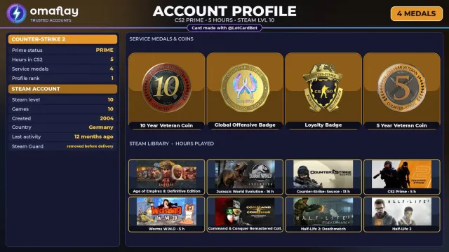 ⚡ CS2 PRIME ⚡ +4 RARE MEDALS: 10 YEARS · GO · LOYALTY • 2004 • +7 GAMES • FULL ACCESS #3QO1RC, Sale, Inventory empty, PRIME available