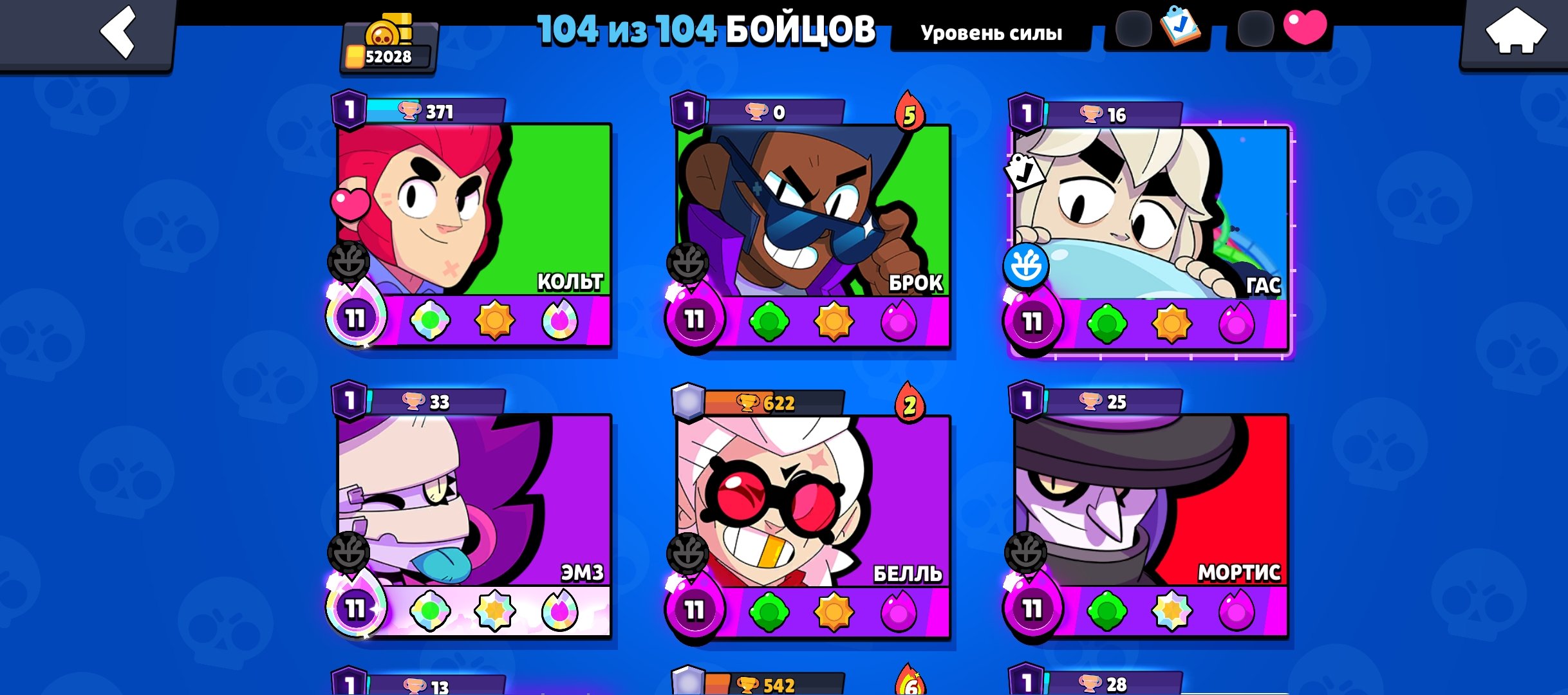 🏆52k+❤️ /1 BP WAS PURCHASED+💛🔥GODZILLA BUZZ, THE BLOND MECHA MORTIS.33k skinsRECONNECTING, trophies 52028, brawlers 104, primes 16