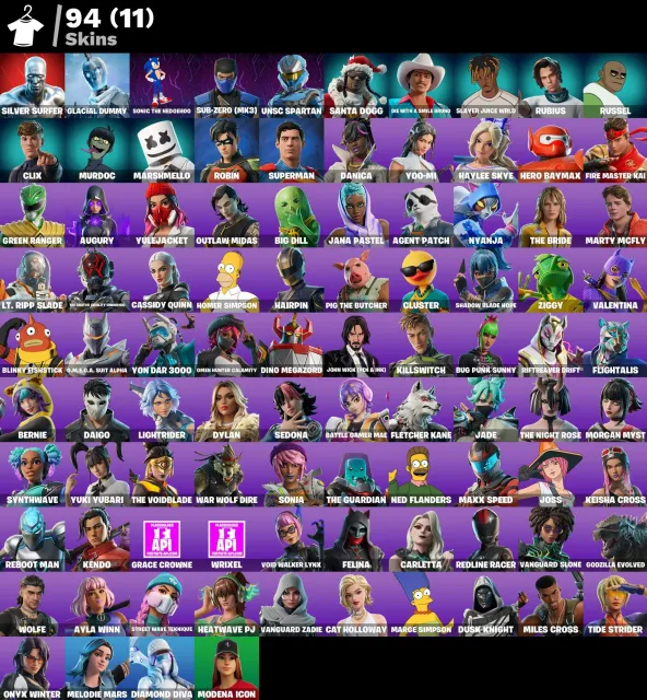 👕 94 skins 🎮 1869 Niveau 💰 400 V-bucks 💰 Silver Surfer | Glacial Dummy | Sonic the Hedgehog |, Vente, skins 94