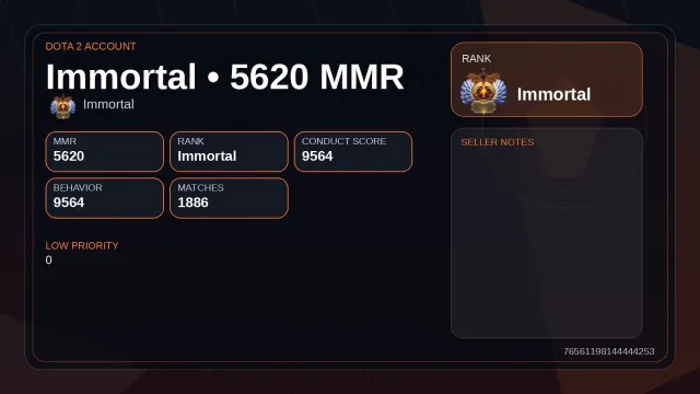 #DT184| ✅IMMORTAL 5620 MMR+9564 behavior+1886 matches | 61 LVL | 1 ARCANA | 1 PERSONE, Sale, 5620 MMR, 9564 Behavior score, 1886 games, 2222 hours