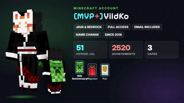 👑 [MVP+] 🦸 Cloaks (3): 15th Anniversary, Migrator, Pan ✅ Java & Bedrock & full access, Sale, All account data
