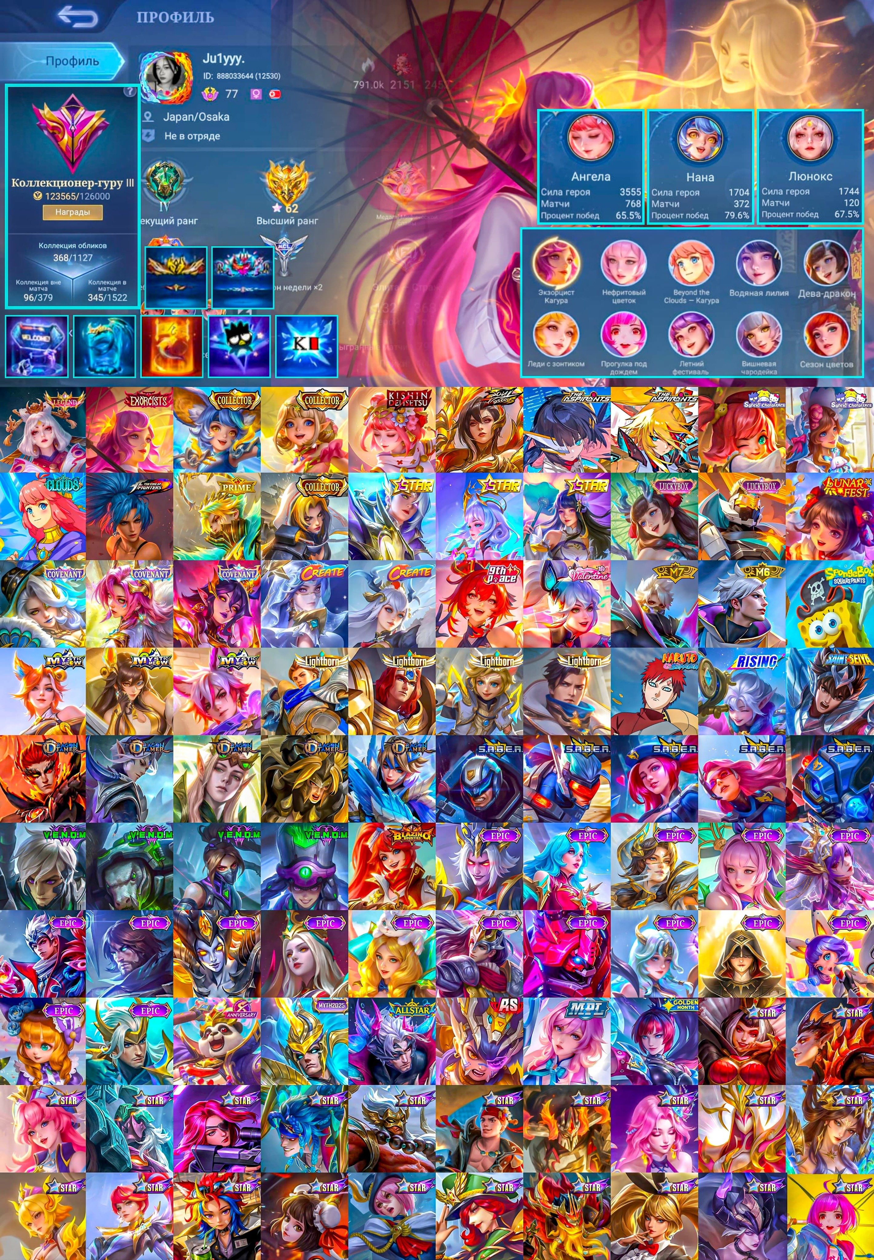 Full Set Kagura, Semi Set Angela, Legend Lunox, SV Bene, Coll Nana, High WR, Global 🔥, Sale, Rank: Mythic, Level: 107, Winrate: 61%, Heroes: 132, Skins: 368