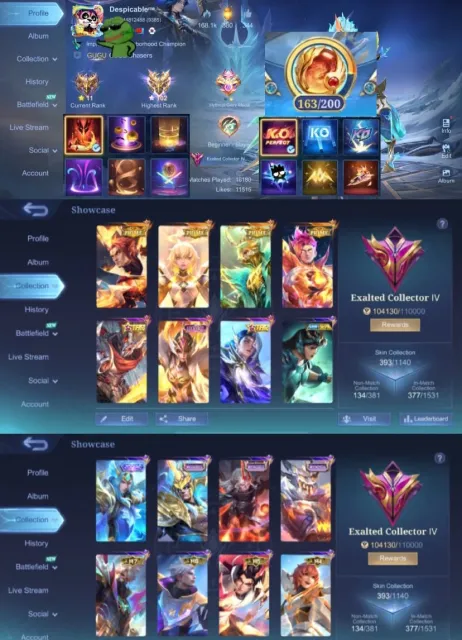 🔥 EXALTED 4 💎 163 Magic Cores 🎯 Beatrix 💥 Granger 🐉 Yu Zhong 🤖 Claude Prime 🥊 Chou Libra, Продажа, Ранг: Мифический Бессмертный, Уровень: 142, Процент побед: 70%, Герои: 33, Облики: 393