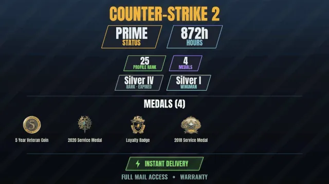 【CS2 Prime🏆872h🎮4 medals】 Service Medal 2018, Service Medal 2020, Loyalty Badge, Coin, Sale, With inventory, Has PRIME