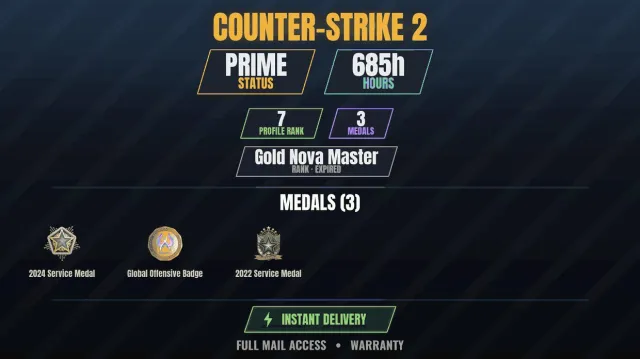 【CS2 Prime💎685h🎯3 medals】 Service Medal 2022, Service Medal 2024, Global Offensive Badge, For Sale, With Inventory, Has PRIME