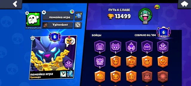 a good account for the league, trophies 13499, brawlers 66, primes 6