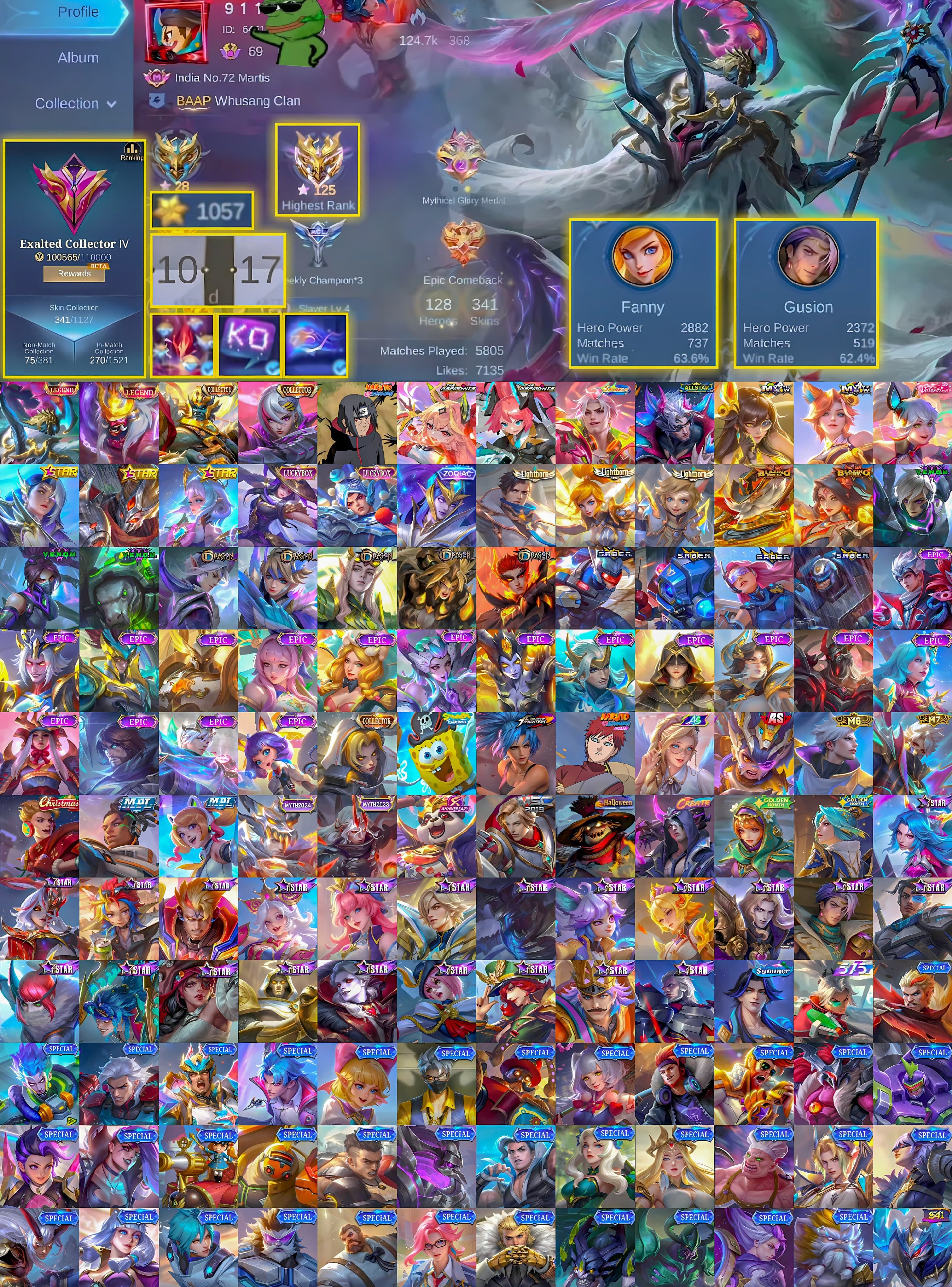 👑 Alpha👑 Franco Legend 🎭 Balmond ⚔️ Benedetta Collector 🍥 Julian Itachi 💖 Guinevere💖 Layla Aspirant, Sale, Rank: Mythical Immortal, Level: 69, Winrate: 60%, Heroes: 128, Skins: 341
