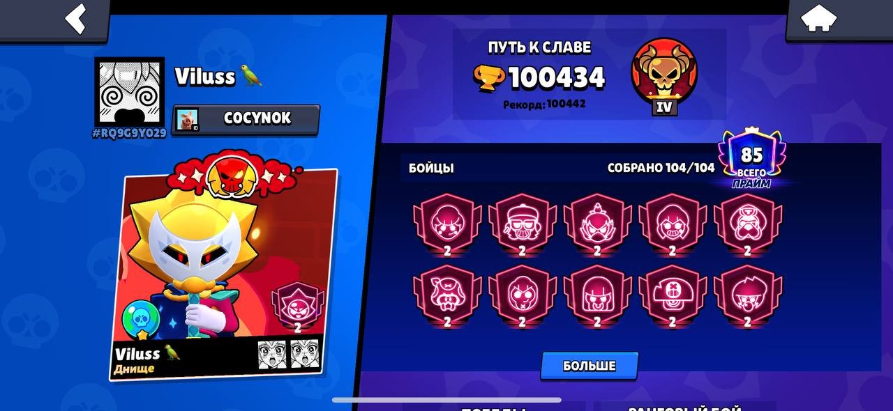 ACCOUNT WITH 100K+LOTS OF EXCLUSIVE SKINS, PINS, AND SPRAYSEXCELLENT PUMPING🌺, trophies 100000, brawlers 104, primes 85