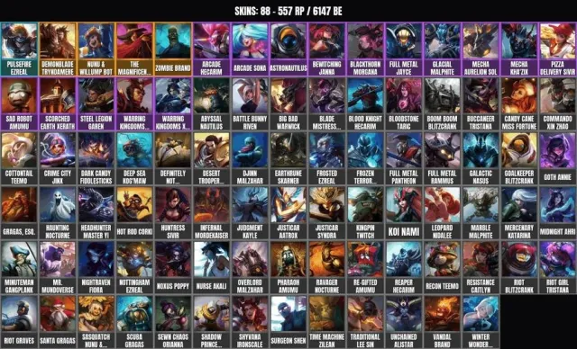88 skins 💎 110 champions 🎯 6100+ BE💎Ezreal Pulsefire💎Zombie Brand💎Magnificent Twisted Fate💎Nunu, Sale, level 32, champions 110, skins 88, No rank