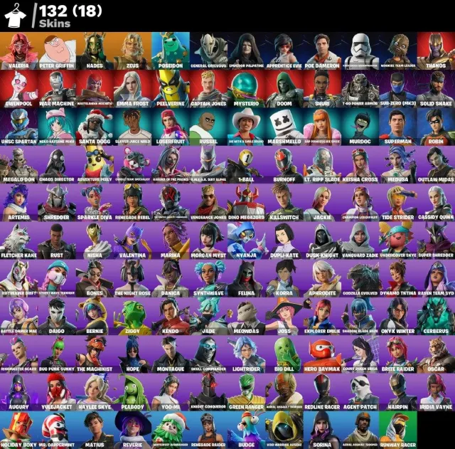 🟣 132 SKINS 🟣 2998 LVL 🟣 0 VB 🟣 Renegade Raider🟣Aerial Assault Trooper🟣Valeria🟣Peter Griffin🟣Ha, Sale, skins 132