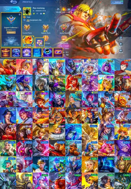 Street Fighter Chu Ken, Sanrio Angela Hello Kitty, Lucky Box, TP Fire, Global 🔥, Sale, Rank: Mythic, Level: 47, Win Rate: 50%, Heroes: 78, Skins: 137