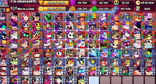 🏆91K👾107/107⭐64 11 POWER🛡️LEGENDARY LEAGUE X4☀️SUNSHINE GLORY II🃏UNO CHEST🔮11 HYPERCHARGE SKIN🤖AUTOMATIC DELIVERY, 91292 trophies, 107 brawlers, 74 primes