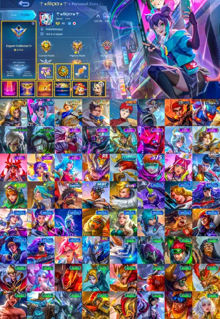 MWorld Vanvan, Naruto Veil Gaara, Golden Mont, Global 🔥, Sale, Rank: Mythic, Level: 76, Win Rate: 50%, Heroes: 99, Skins: 136