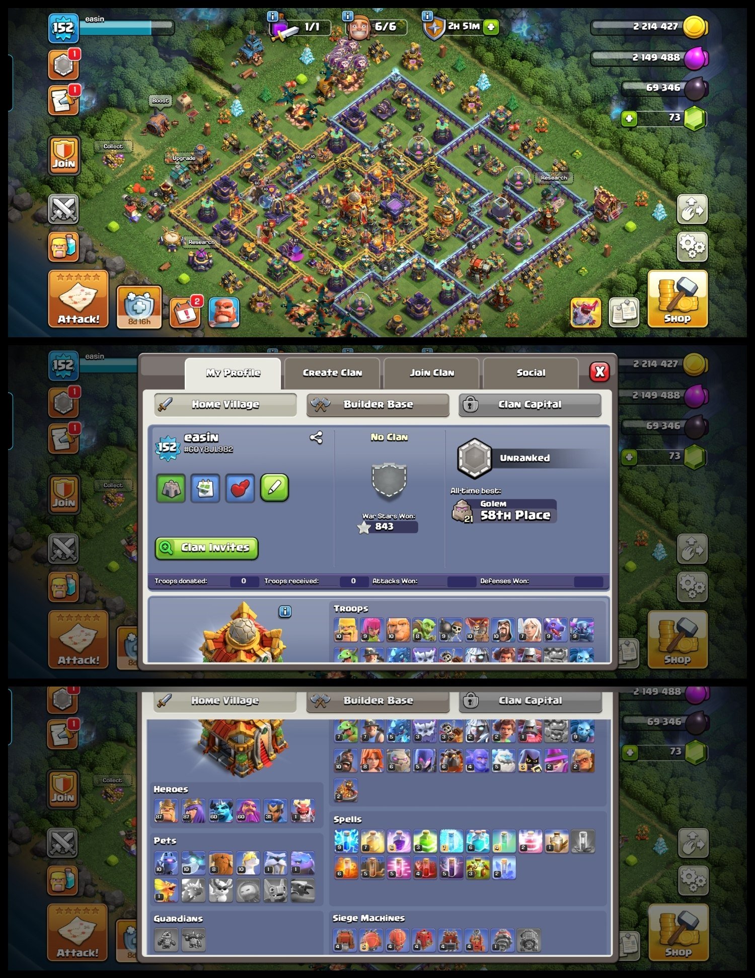 Semi Max Th16🔶13x High EPIC EQ.🔶[Dragon Statue]🔶Hero(87,87,60,60,31)🔶[1x Scenery]🔶6th Builder-No.664, 16 TH Main Village
