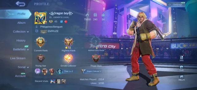 Street fighter Ken Chou💥outfit 1&2💥epic zilong💥moskov💥kagura💥uranus💥herley💥emblem max, Продажа, Ранг: Легенда, Уровень: 45, Процент побед: 55%, Герои: 70, Облики: 105