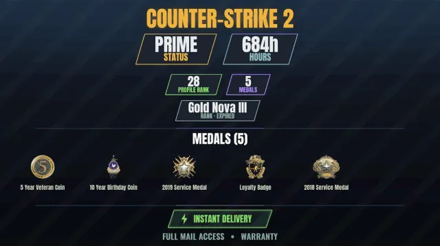 【CS2 Prime🏆684h🎮5 medals】 10-year anniversary coin, Service medal 2018, Service medal, Sale, With inventory, Has PRIME