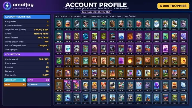 ⚡ CLASH ROYALE ⚡ 2 EVO • 0 CHAMP. • 23 EMOJIS • 5,000 🏆 • KING 11 #44I9QP, Arena 15, Level 31, 5000 trophies, 105 cards, 16 leg, No