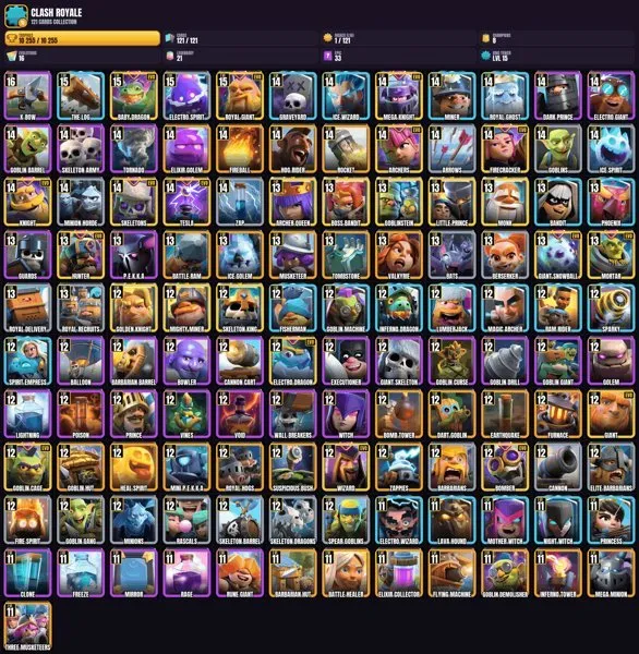 15 King Level 🎯 121 Cards 👑 16 EVO CARDS 👑 1×16 Level 🏆 4×15 Level 🎮 24×14 Level 👑 21×13 Level 👑 53×12 Level, Arena 25, Level 15, 10255 Trophies, 121 Cards, No