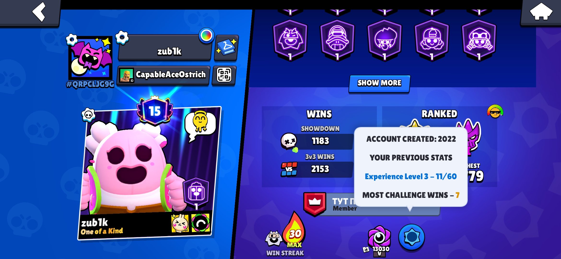 🏆30874🏆【🎴 87 FIGHTERS (13LEG+KADZE) 🎴】【😎 OLD ACCOUNT 2022😎】【⚡22-11 POWER(16 HYPER)⚡】【👑TOP SKINS👑】, trophies 30874, brawlers 87, primes 15