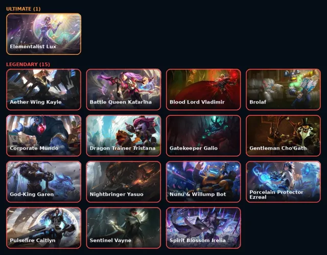 Elementalist Lux / K/DA All Out Seraphine / 4 mythic skins / 15 leg skins, Sale, level 316, champions 176, skins 224, Silver