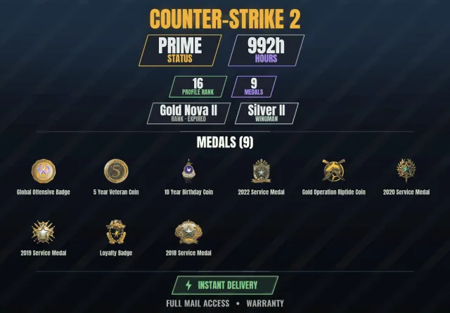 【CS2 Prime🎯992h👑9 medals】【DOTA 2 923 WINS】 10-year anniversary coin, Golden operation coin, For sale, With inventory, Has PRIME