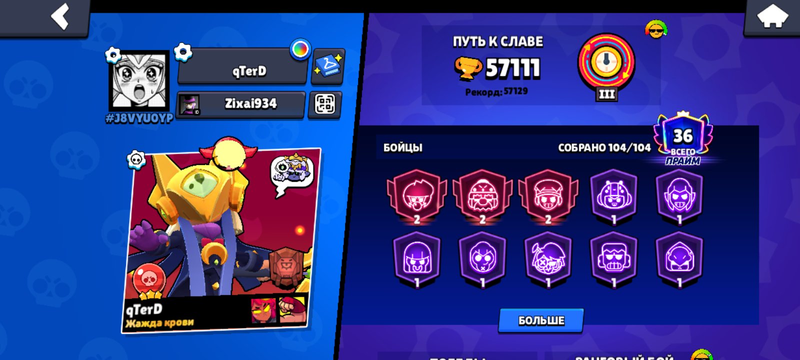 Account from 2021 ⚡ For details, please see the photos., trophies 57000, brawlers 104, primes 36