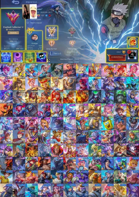 🔥 333 at max, Collector Melissa Lapu, Metrozero Ixia Roger, Kakashi Hayabusa, Kof Gossen, Sale, Rank: Mythical Immortal, Level: 107, Win Rate: 58%, Heroes: 132, Skins: 335