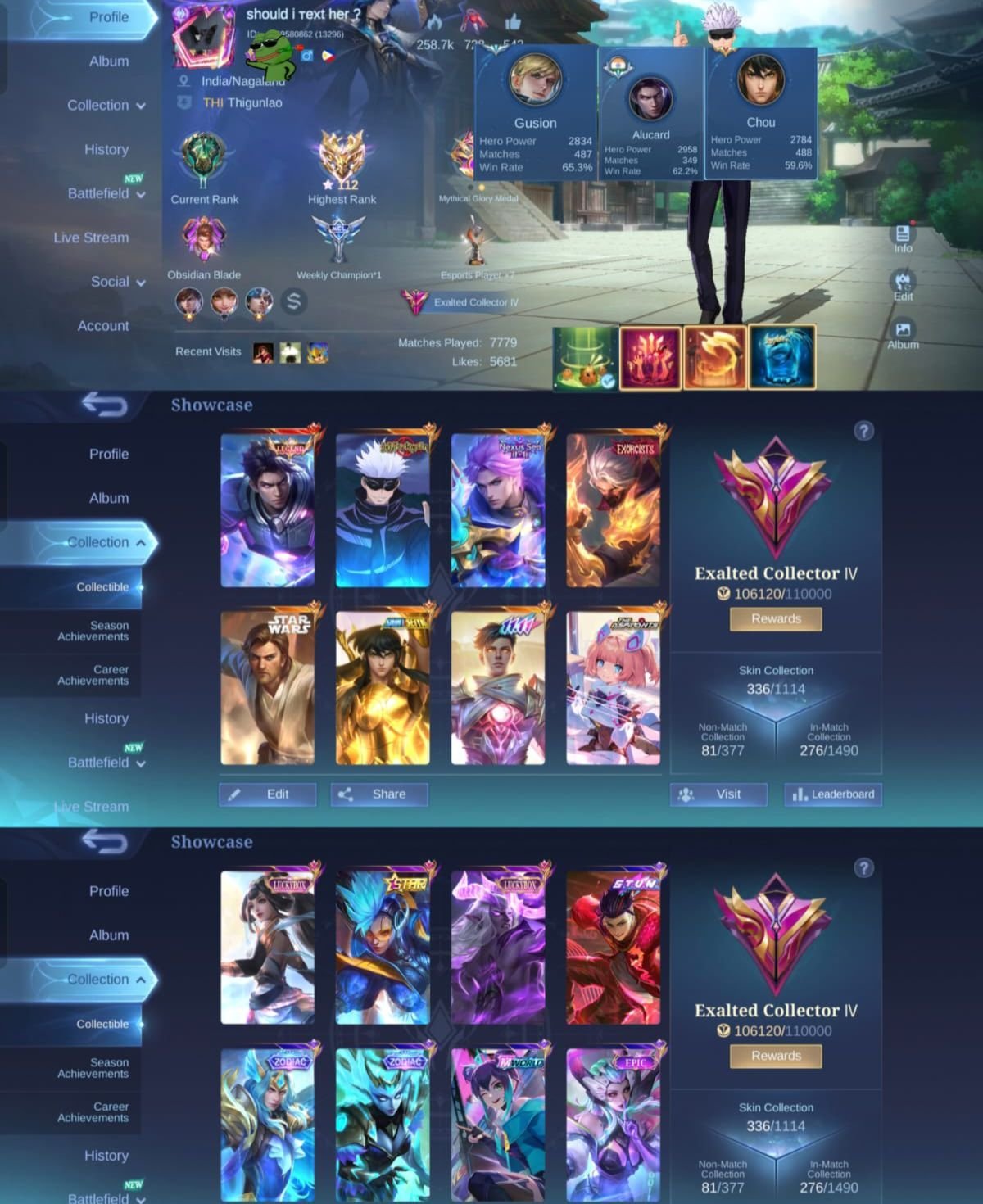 👑 Alucard Legend ⚔️ Xavier Gojo 👻 Hayabusa Exorcist ♎ Chou Golden Libra 💎 Gusion 11.11, Sale, Rank: Mythical Immortal, Level: 77, Winrate: 60%, Heroes: 133, Skins: 336