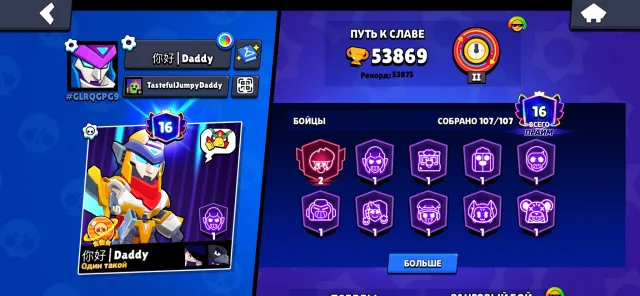 Fat account 21 years old, many old skins, FREE NAME CHANGE, 53869 trophies, 107 brawlers, 16 primes