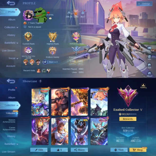 🪝 Franco Legend 🌸 Fanny Aspirants 🥊 Gusion KOF 💎 Selena Zenith, Продажа, Ранг: Мифический Бессмертный, Уровень: 59, Процент побед: 70%, Герои: 133, Облики: 323