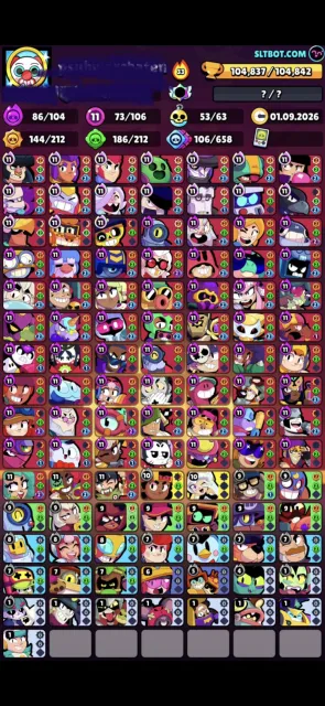 🏆105k🏆74-11x🤫400+skins🤫2 pins matcharino☠️Has PP, 105566 trophies, 106 brawlers, 87 primes