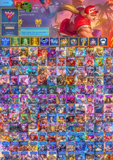 👑 Gusion Legend 🗡️Benedetta Collector 🥊 Paquito KOF ♎ Chou Gold Libra 🔥 Gusion 11.11 💥 Dyrroth KOF, Продажа, Ранг: Мифический Бессмертный, Уровень: 64, Процент побед: 55%, Герои: 133, Облики: 366