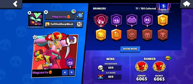 Account with rare skins: Witch Shelly, Headless Rider Stu, Antivirus 8-Bit, Cyber Shelly., trophies 10500, brawlers 77, primes 5